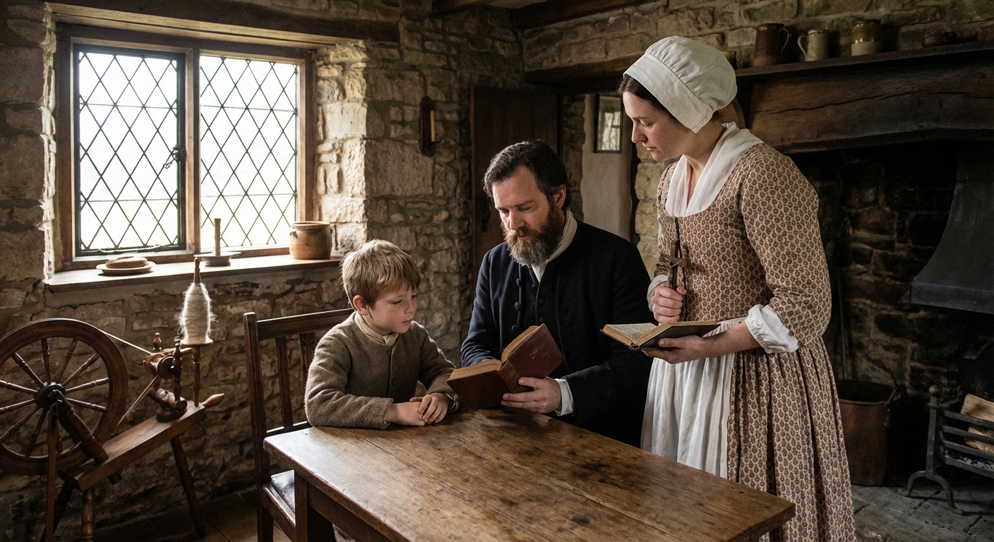 A scene depicting Thomas Paine's childhood in Thetford, England, showing the influence of his Quaker father and Anglican mother.