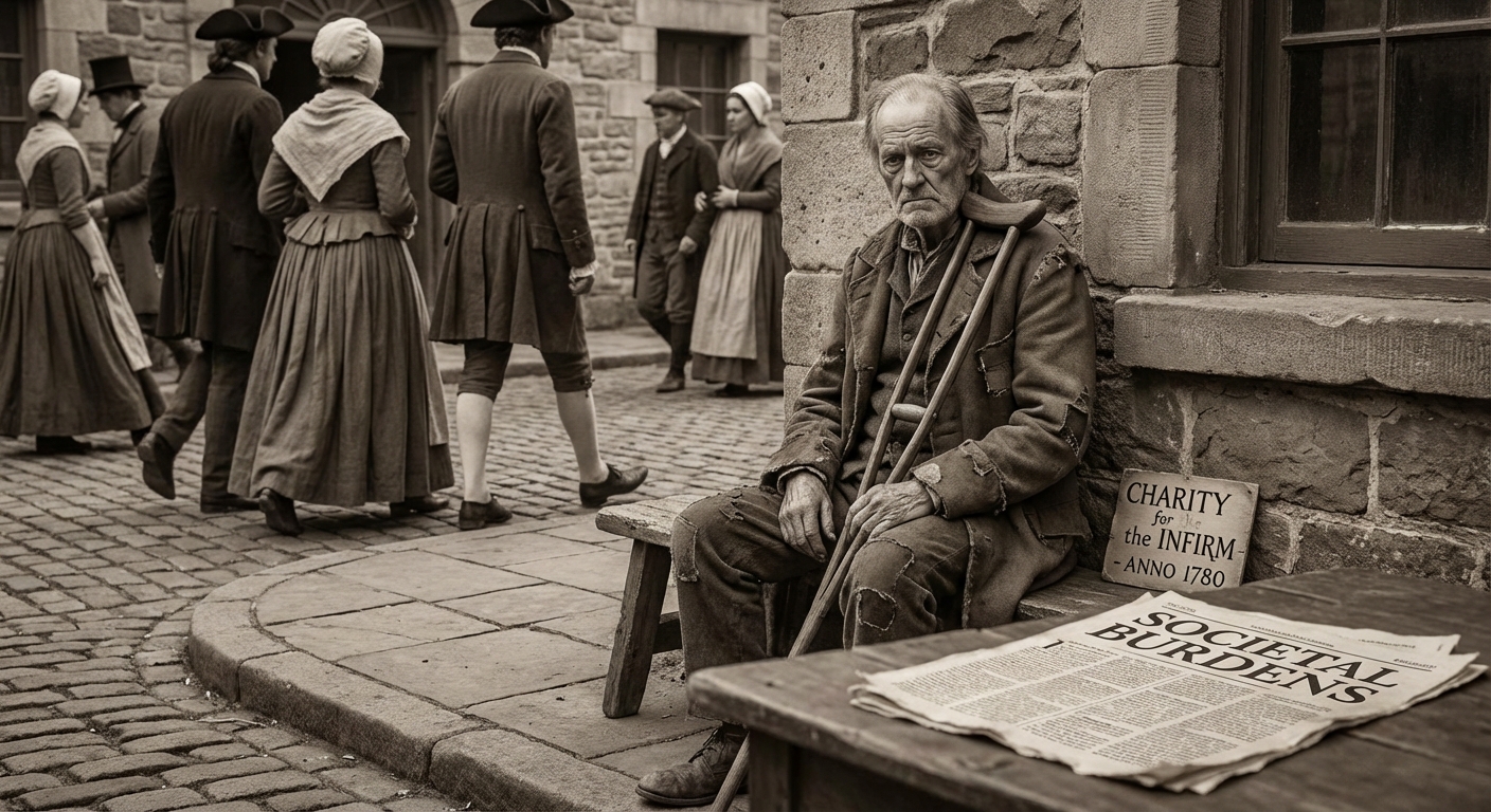 A somber image representing disability and societal challenges in the 18th century