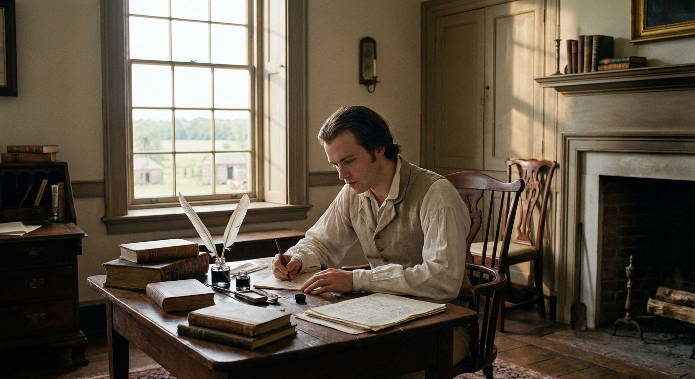 A young James Madison studying and writing at a desk in his family's plantation home