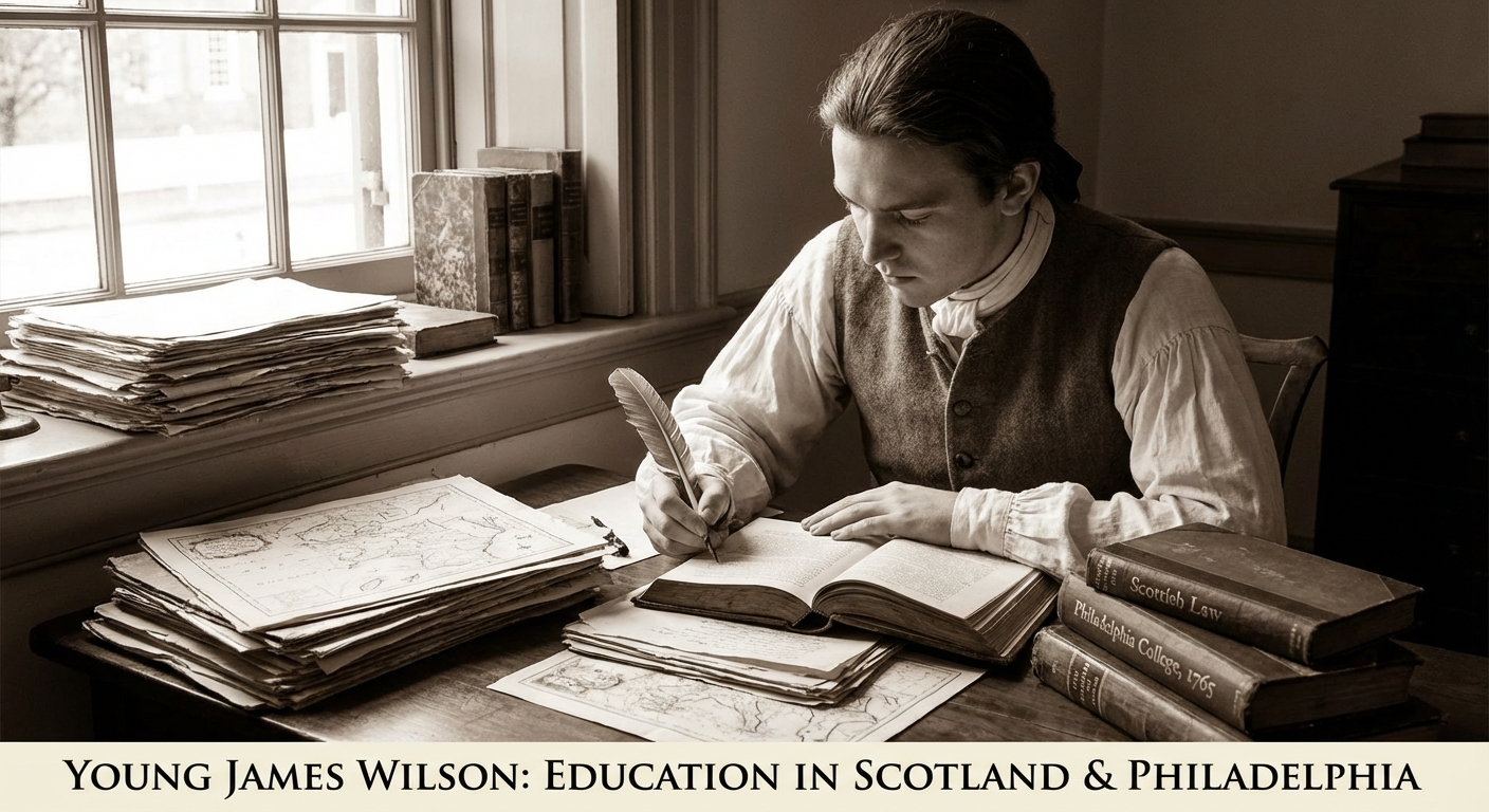 A young James Wilson studying at a desk, surrounded by books and papers, representing his early life and education in Scotland and Philadelphia.