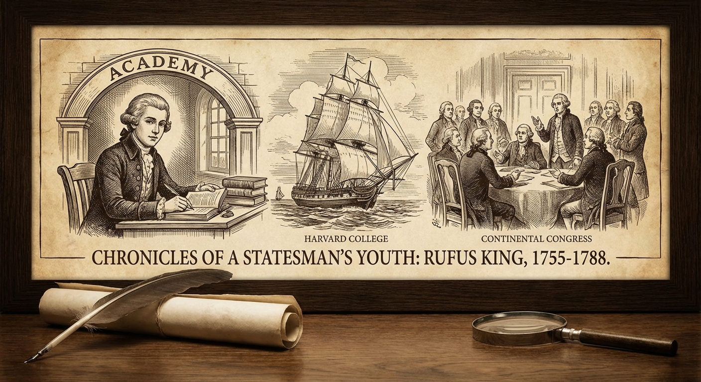 Illustration depicting key events and influences in Rufus King's early life and education