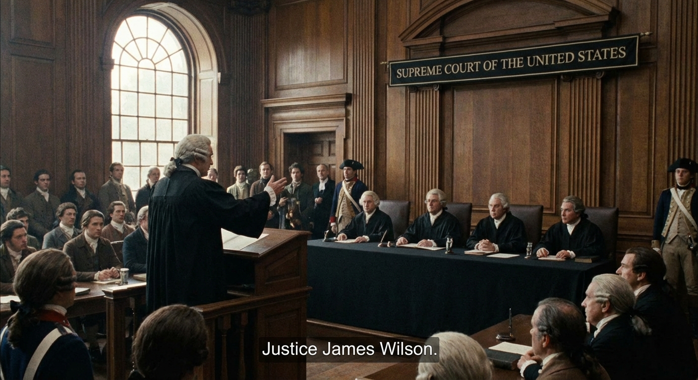 The U.S. Supreme Court in session, with James Wilson delivering his opinion in the landmark case Chisholm v. Georgia.