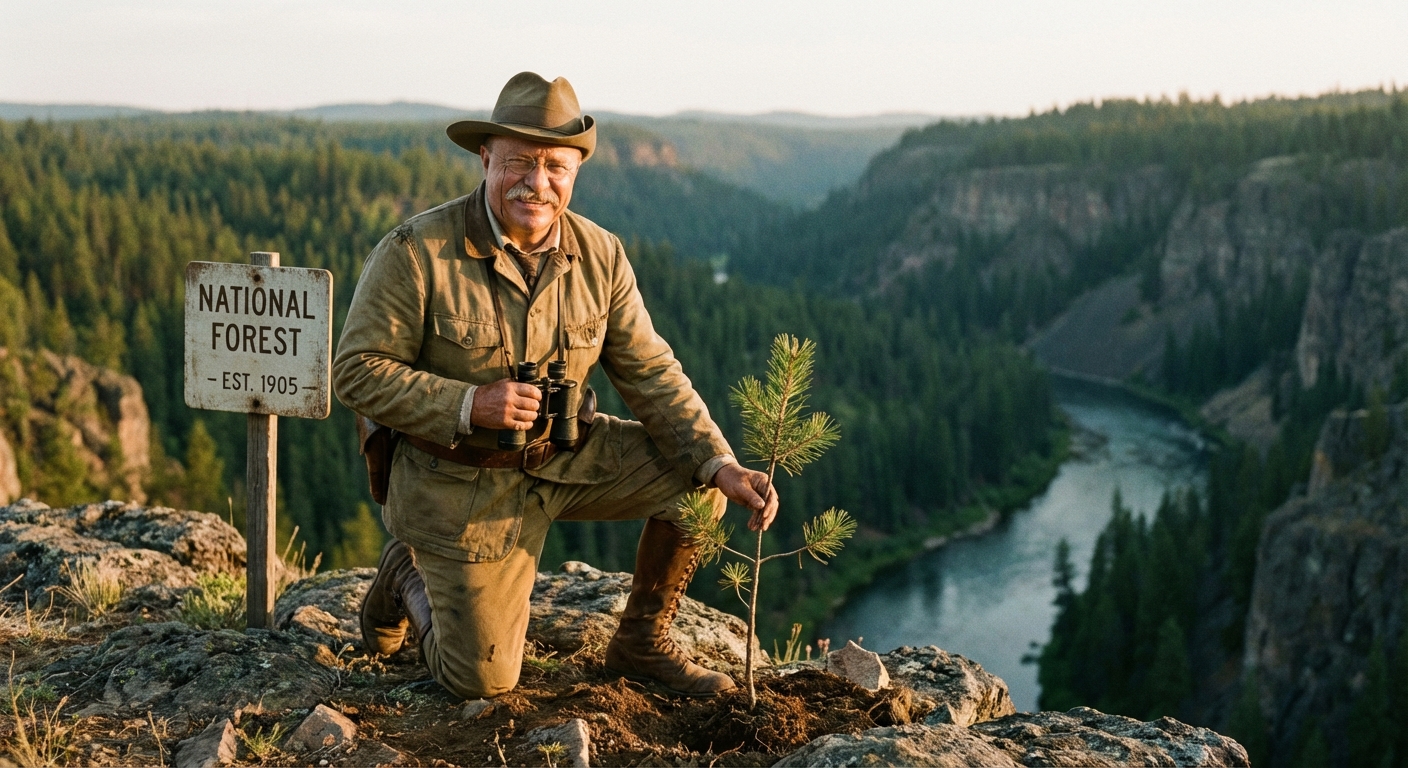 Theodore Roosevelt in nature, representing his conservation efforts and love for the outdoors