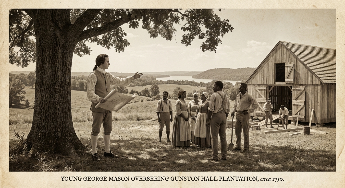 Young George Mason overseeing work on his Virginia plantation
