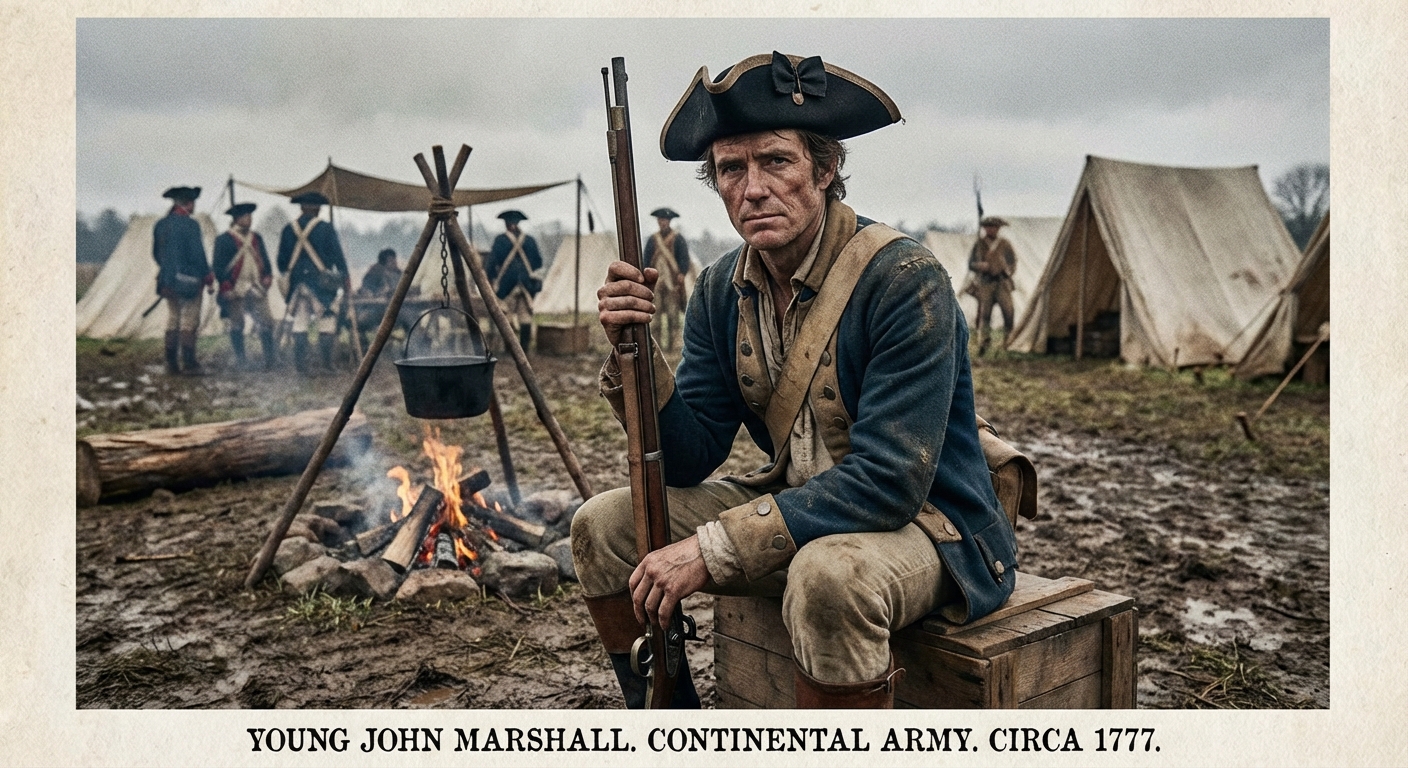 Young John Marshall in a Continental Army uniform during the Revolutionary War