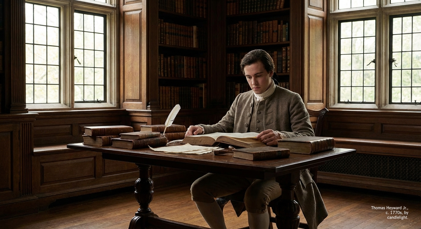 Young Thomas Heyward Jr. studying in a colonial-era library