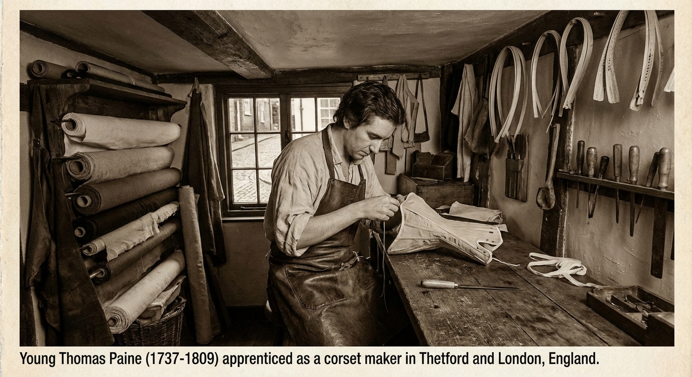 Young Thomas Paine working as a corset maker in England