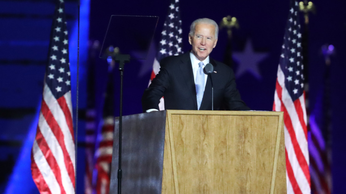 Joe Biden giving a victory speech in 2020