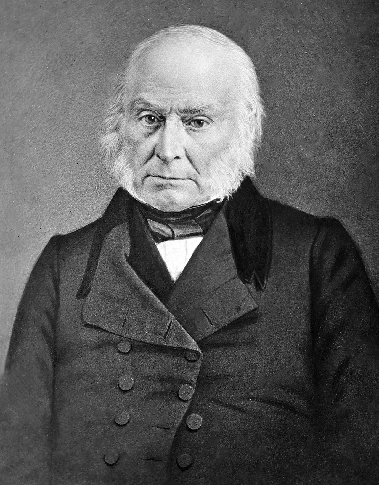 Portrait of John Quincy Adams in formal attire, exuding intellectual prowess