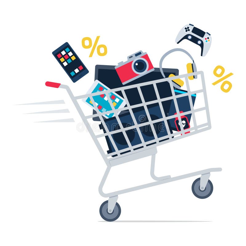 shopping cart full of consumer electronics