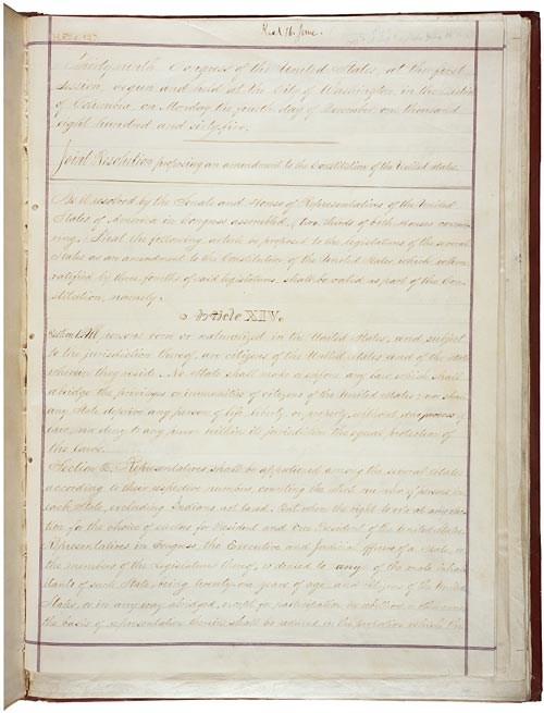 U.S. Constitution document with Fourteenth Amendment highlighted