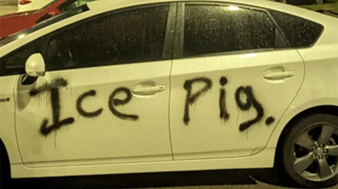 "ICE Pig" graffiti on a vehicle outside the Prairieland Detention Center. (Justice Department)