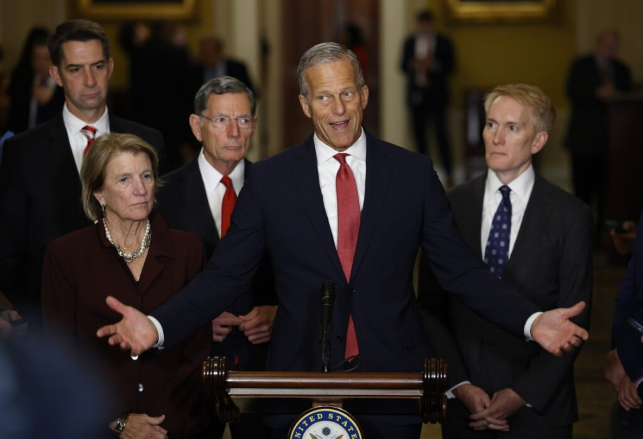 Senate Majority Leader John Thune speaking to reporters Capitol