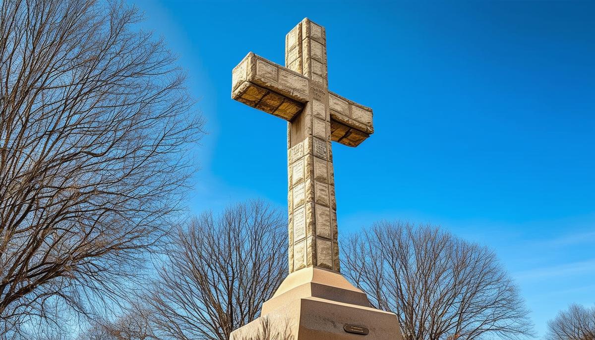The Bladensburg Peace Cross war memorial standing tall against a blue sky