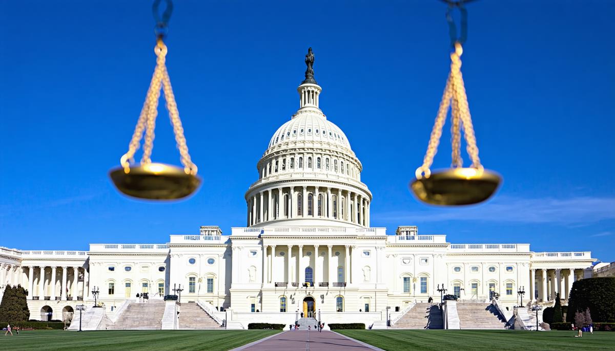 US Capitol building with scales of justice in foreground