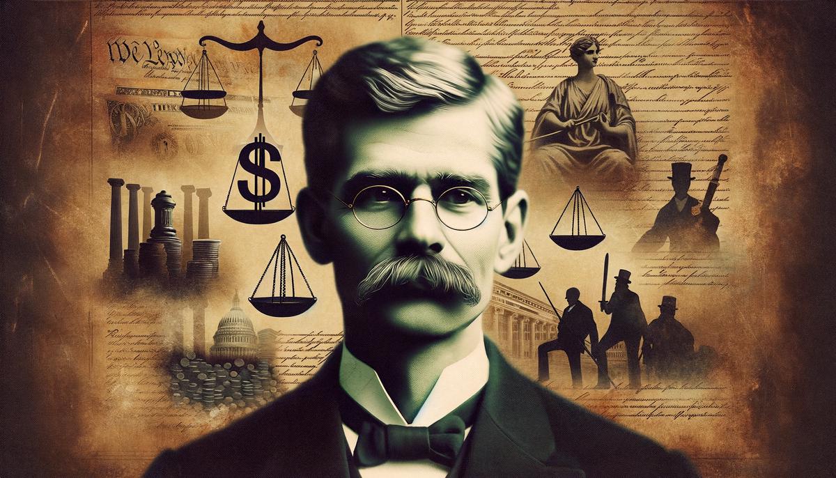 A portrait of Charles Beard with symbols representing his economic interpretation of the Constitution