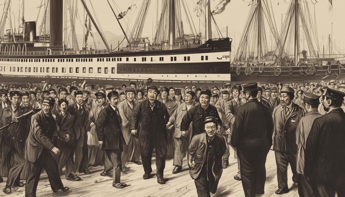 A historical illustration depicting Chinese immigrants being turned away at a U.S. port, with American officials enforcing the Chinese Exclusion Act of 1882