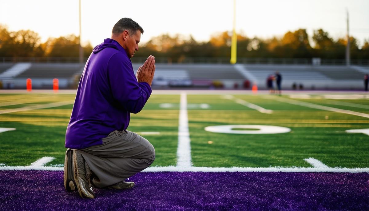 A high school football coach kneeling in prayer on the 50-yard line of a football field after a game