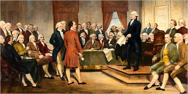Founding Fathers discussing intellectual property rights at the Constitutional Convention