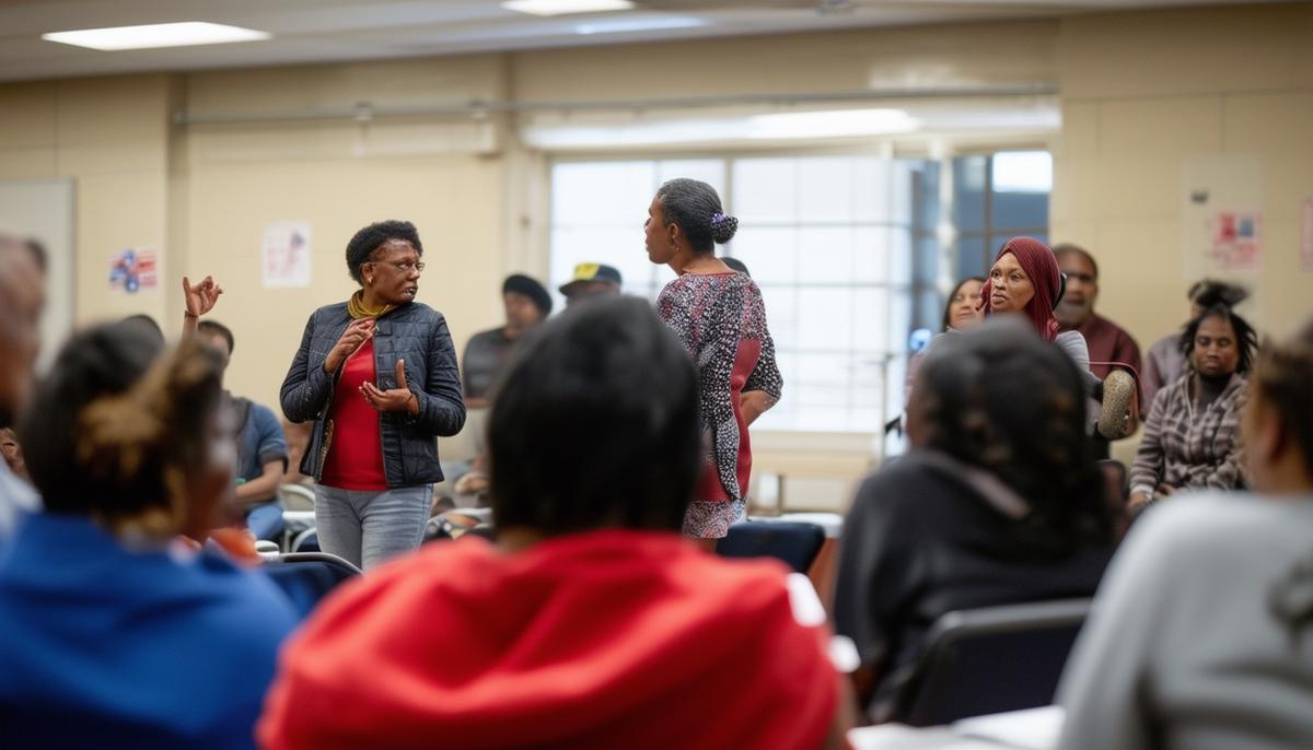 A town hall meeting scene with people from various cultural backgrounds engaged in a heated debate about vaccines and parental rights