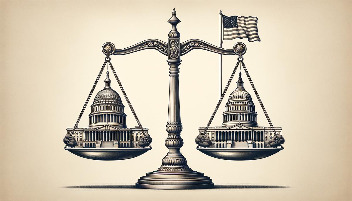 A symbolic representation of the balance between federal and state powers in immigration, showing the U.S. Capitol and a state capitol building on opposite sides of a scale