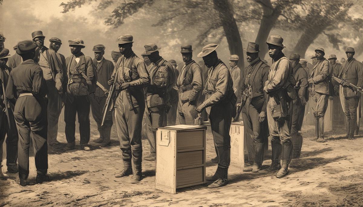 Photo depicting federal troops overseeing elections in the South during Reconstruction to enforce the 15th Amendment, with African American men casting votes.
