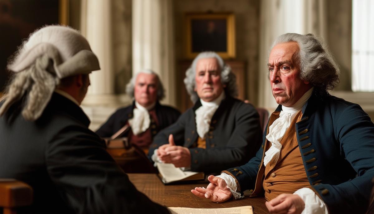 Historical reenactment of Founding Fathers debating the Constitution, with emphasis on their serious expressions