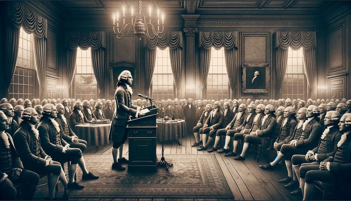 A portrait of George Washington delivering his Farewell Address, warning against the dangers of political factions