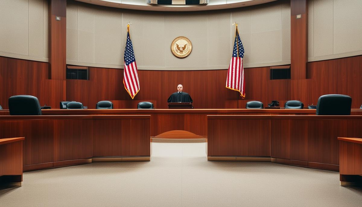 Interior of a modern federal courtroom, emphasizing the judge's bench and American flag