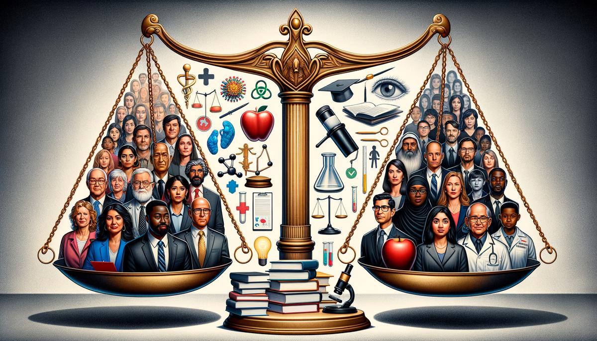 A symbolic image of two groups facing each other, one representing parents and the other representing public health officials, with the scales of justice between them