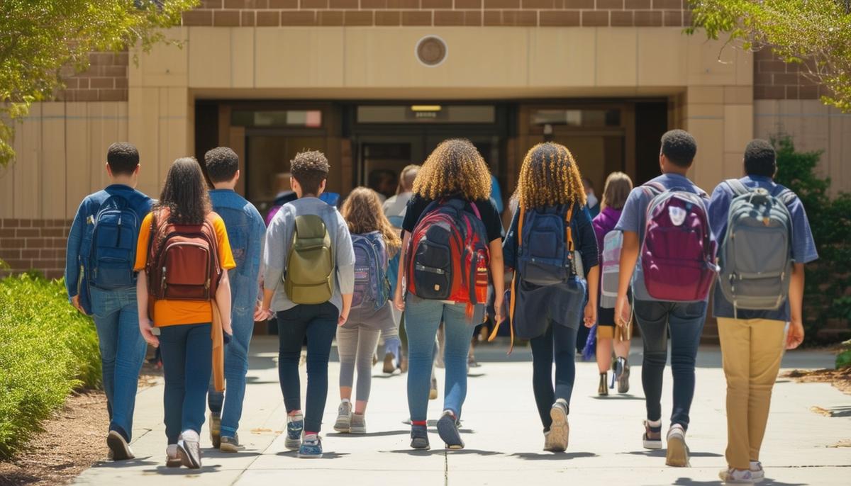 Students of diverse backgrounds walking into a religious school building