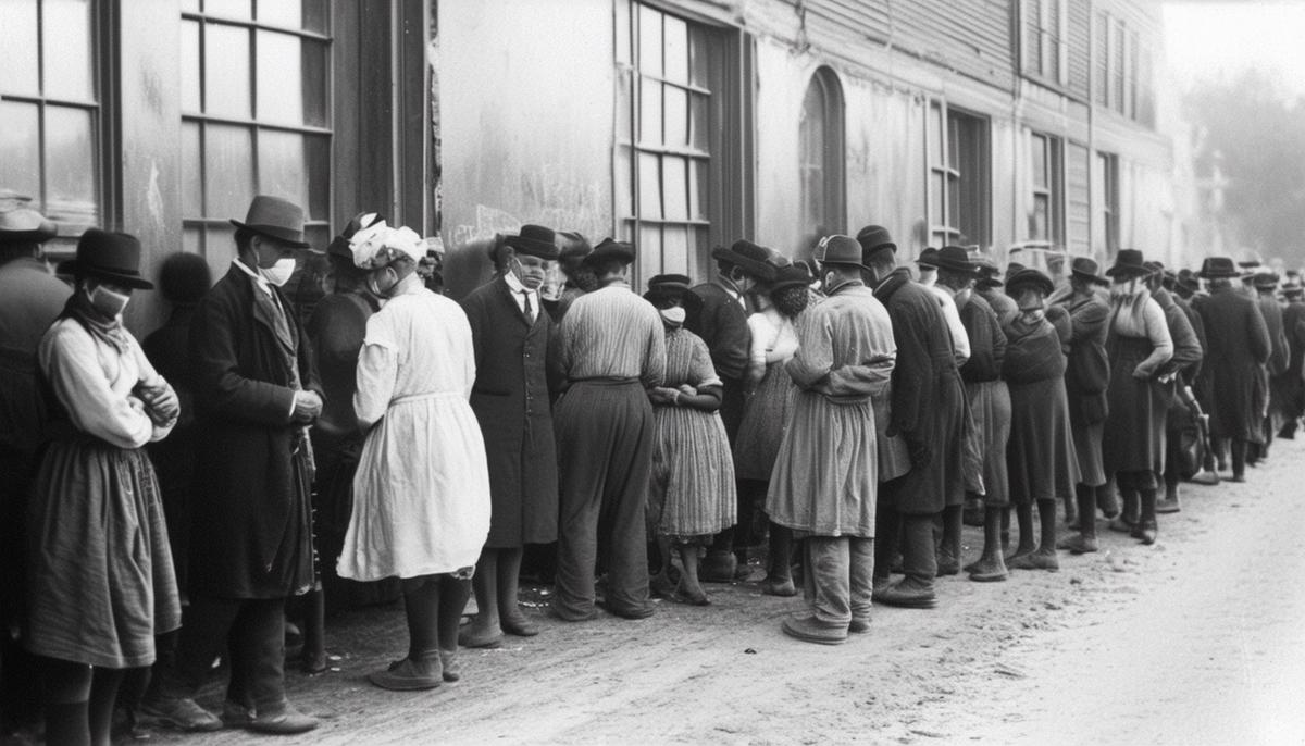 A historical scene depicting smallpox vaccination efforts in 1905, with a line of people waiting to be vaccinated