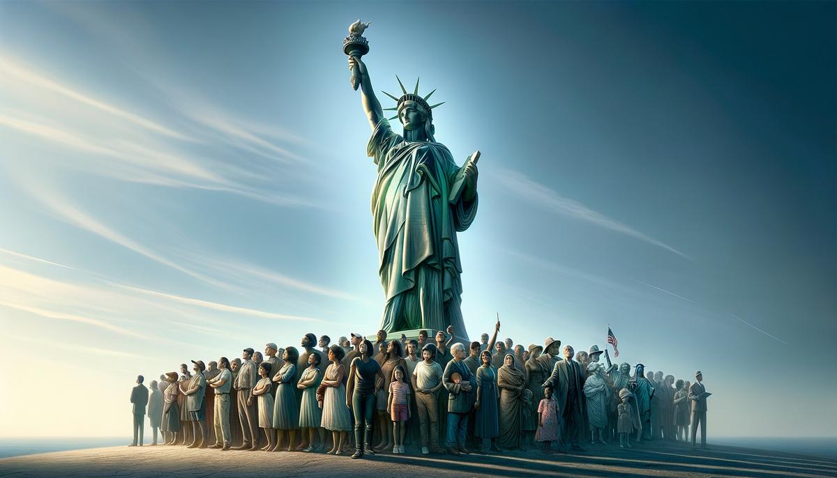 The Statue of Liberty holding the Constitution in one hand and her torch in the other, symbolizing the ongoing challenge of balancing American ideals with practical immigration policies