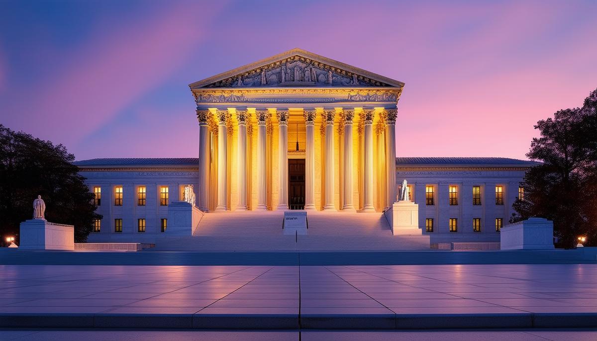 Exterior of the United States Supreme Court building at dusk, illuminated and majestic